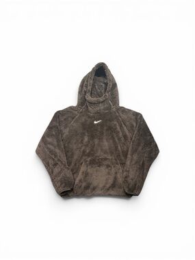 Nike Dark Brown Sherpa Hoodie with White Swoosh
